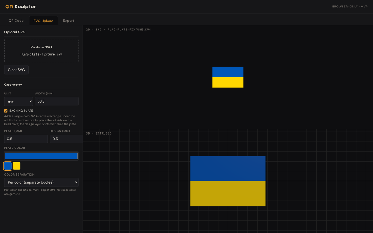 QR Sculptor showing an uploaded SVG flag with backing plate controls and 2D and 3D preview panes.